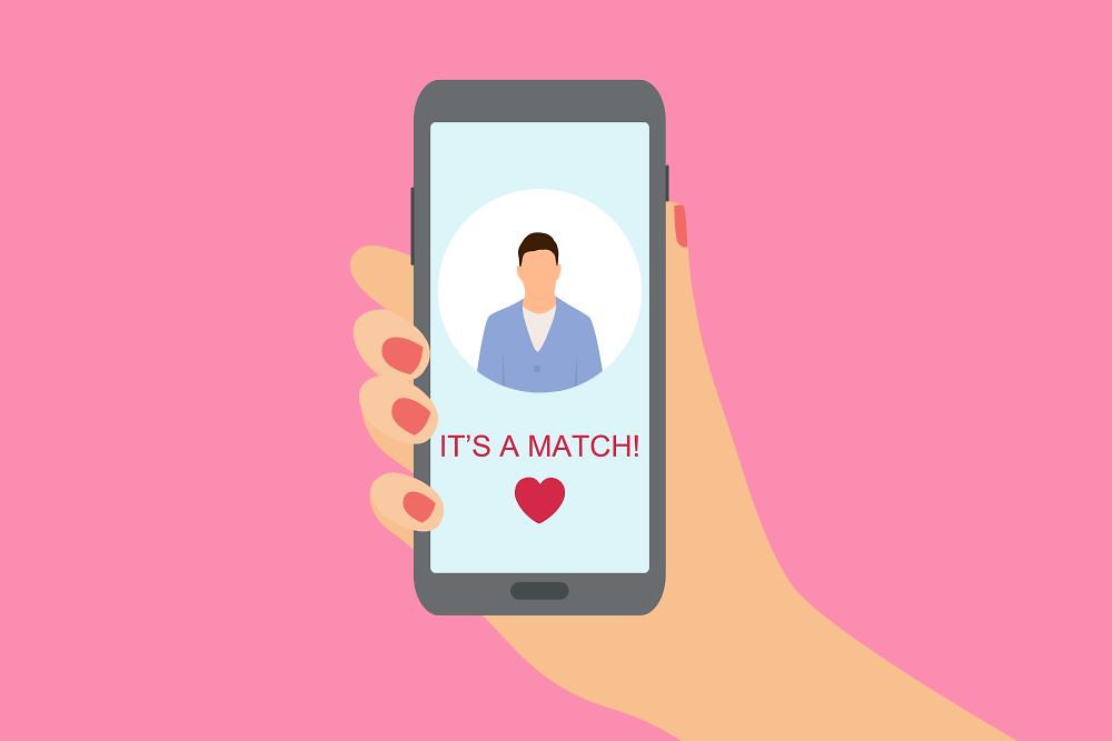 Illustration Handy mit Dating-App in einer Hand